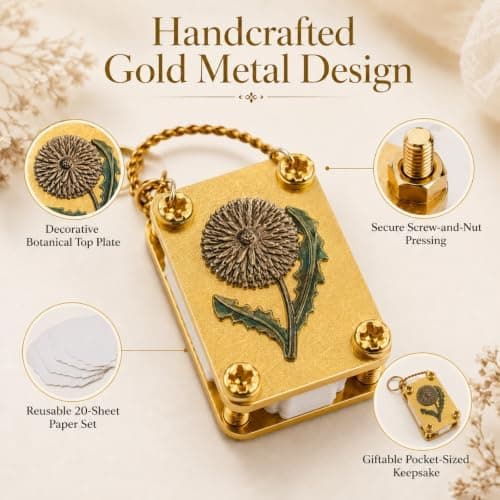 Mini Flower Press Keychain - Handmade Gold Metal Micro Press with 20 Sheets