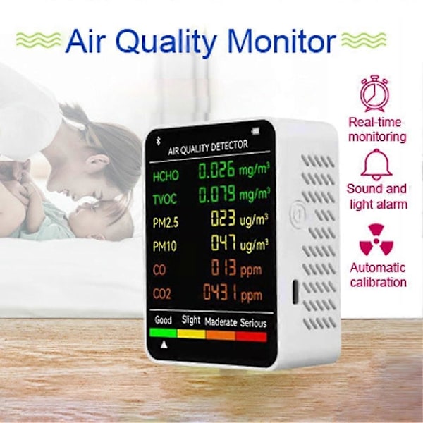6 I 1 PM2.5 PM10 HCHO TVOC CO CO2 Multifunktionel Luftkvalitetsdetektor LCD-skærm