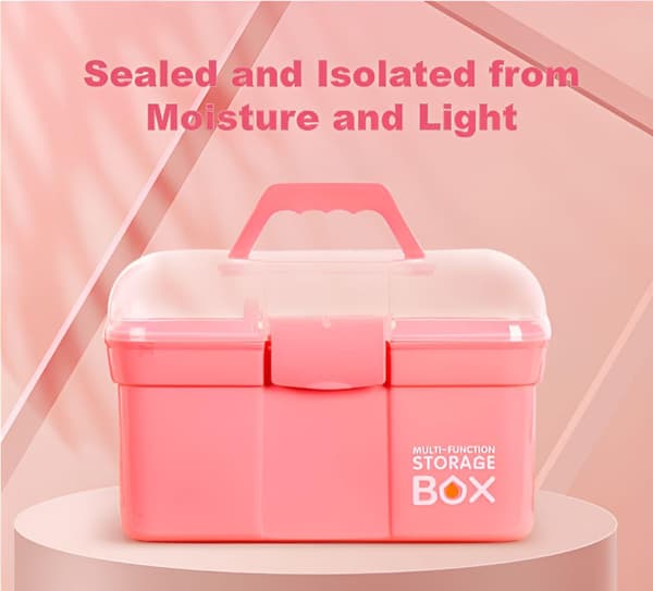 Storage Box with Removable Tray and Lid, Multifunctional Container Small Plastic Art Storage Box with Compartments, Craft Box (Pink)