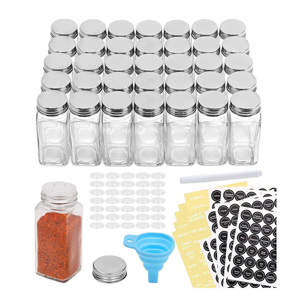 6-pack glas kryddburkar med etiketter, tratt komplett set fyrkantig