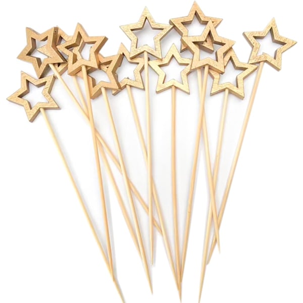 Guld Stjärna Bambu Cocktailpinnar, 14 cm Långa Dekorativa Tandpetare Spett för Frukt och Dryck Garnityr, Jul Dekorationer 50 ST