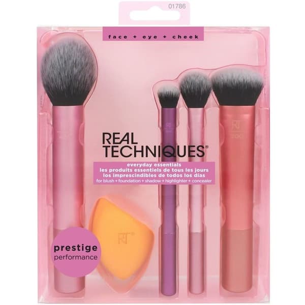Bærbart makeupbørstesæt (makeupsvamp, ansigtsbørste, blushbørste, settingbørste og blendingbørste).