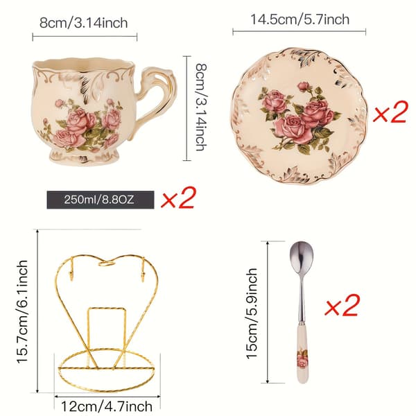 Keramisk tekop og underkop-sæt med skeer, vintage blomstrede tekopper til kvinder 19pcs