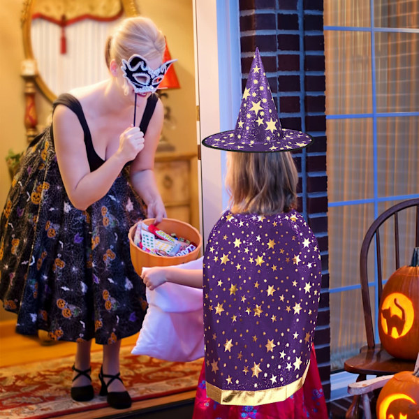 Trollkarlskappa och Hatt Barn med Gyllene Stjärnmönster Halloween
