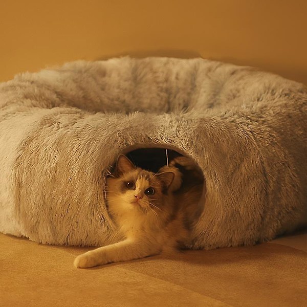 Kattunnel Kattbedsgrotte Med Matte For Innekatt Fret Sammenleggbar Plysj Kattgrotte Rør Tunnel Multifunksjonelle Kattleker