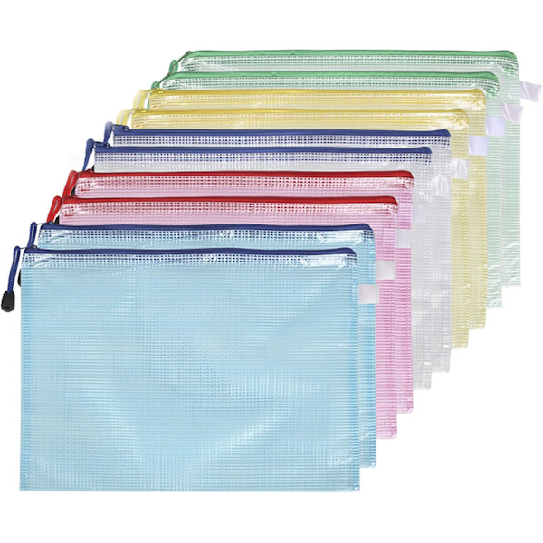 10 stk A5 Plastlommer, Zip-poser A5 Net Dokumentmappe til Filopbevaring, Skole