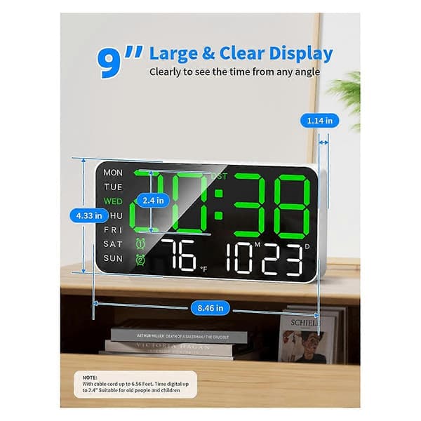 8.4 inch Large Digital Wall Clock, LED Alarm Clock with Large Digits, Date, Temperature, Daylight Saving Time, for Room, Be