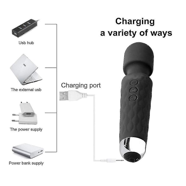 Stavmassager, Trådløs elektrisk massager med 8 ekstremt kraftfulde hastighedsområder og 20 pulseringer - USB genopladelig (Sort)