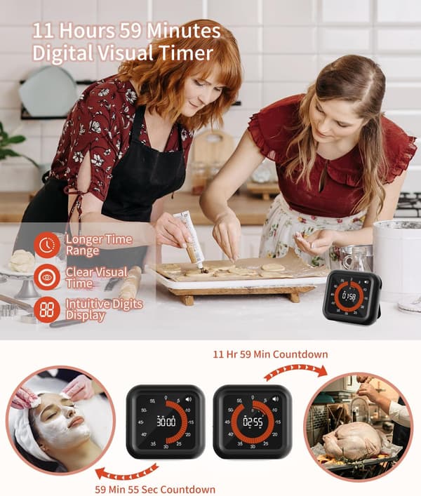 Digital Visual Timer - Max 11H 59M Rechargeable Countdown Timer with VA Screen, Clear Digits, Adjustable Volume