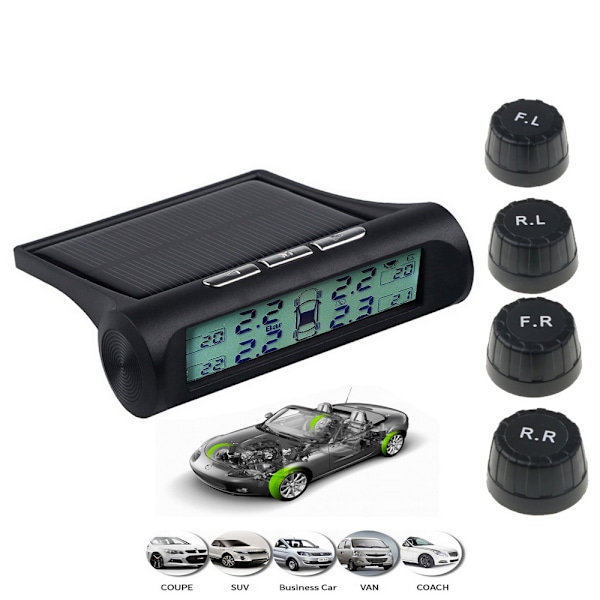 Trådløst dæktryksovervågningssystem TPMS-monitor HD digital LCD-display automatisk alarmværktøj trådløst med 4 eksterne sensorer justerbar skærm