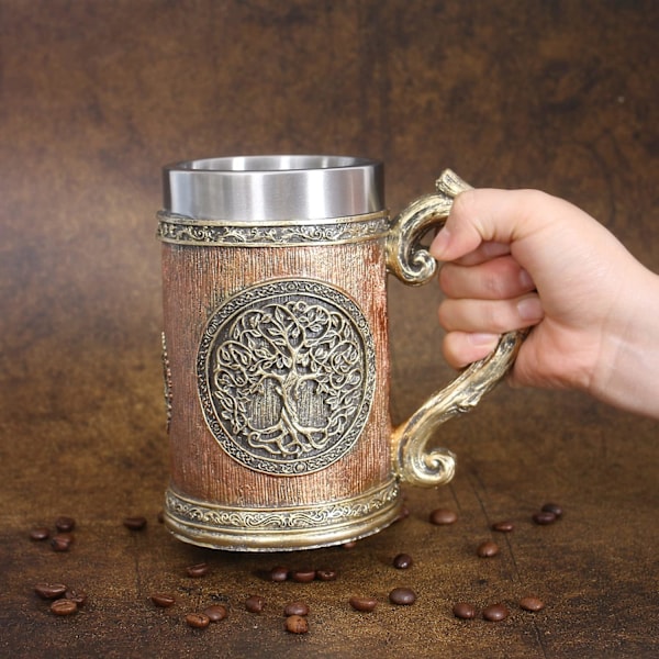 18 fl oz Nordisk Mytologi Verdens Tre Yggdrasil Ølkopp, Rustfritt Stål Livets Tre Kaffe Drikkekopp for Menn og Farsdag Gave 600ml