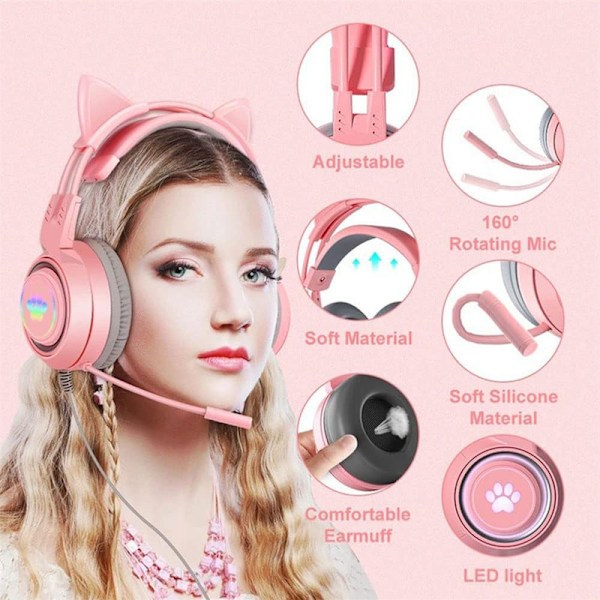 Kablet gaming headset, søde katteører RGB-baggrundsbelysning Over-Ear-hovedtelefoner Støjreducerende mikrofon Surroundlyd til bærbar computer Pink