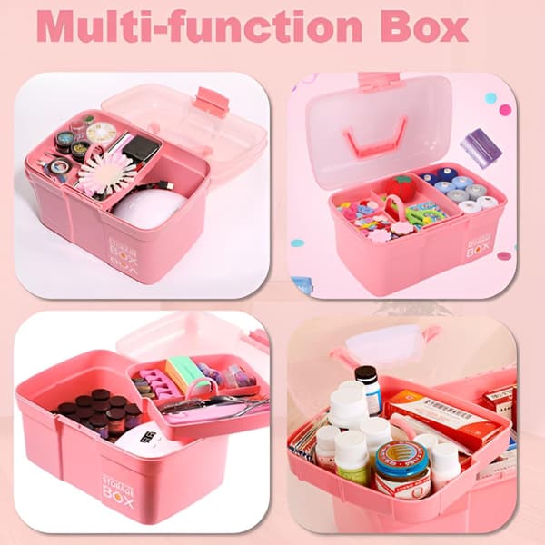 Storage Box with Removable Tray and Lid, Multifunctional Container Small Plastic Art Storage Box with Compartments, Craft Box (Pink)