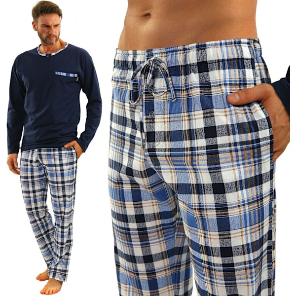 Sesto Senso Herre Pyjamas 100% Bomull Langermet + Pyjamasbukser Nattøy - 2188/17 Marineblå - L