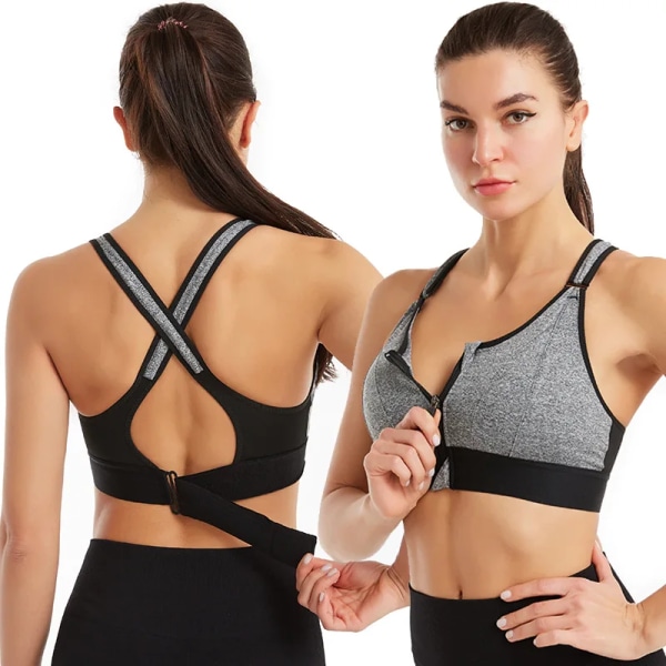 Sport-BH för kvinnor samlad utan stålring Justerbart bälte Fram Dragkedja Yoga Löparväst Stötsäkra underkläder Plus Size S Gray