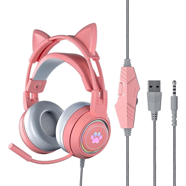 Kablet gaming headset, søde katteører RGB-baggrundsbelysning Over-Ear-hovedtelefoner Støjreducerende mikrofon Surroundlyd til bærbar computer Pink