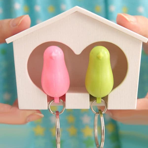 Merryso 2 Pcs. Bird Keychain + 1 Pc. Sparrow House Home Wall Mounted Keychain Holder Decor