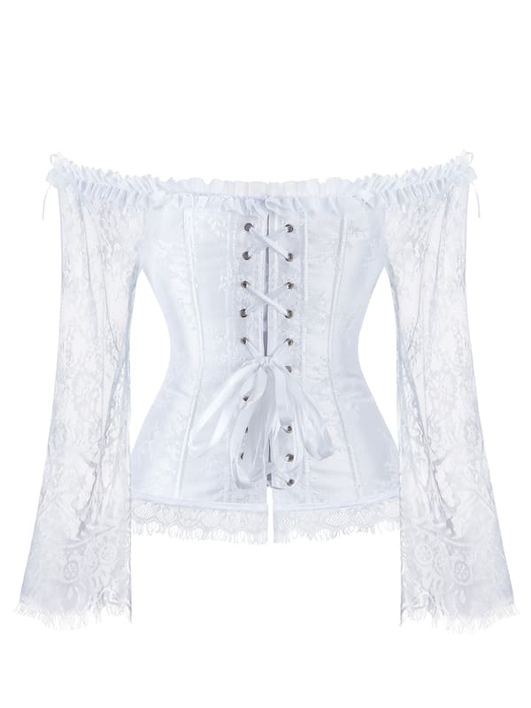 Plus-Size Overbust Korset Bodice Snøre Bustier med Mavekontrol og Blondeærmer til Kvinder 5XL White