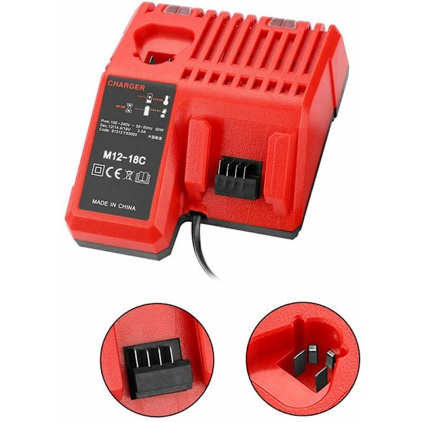 M12-18C Li-jon batteriladdare för Milwaukee 12V, 14,4V och 18V batterier - Kompatibel med C1418C och fler.