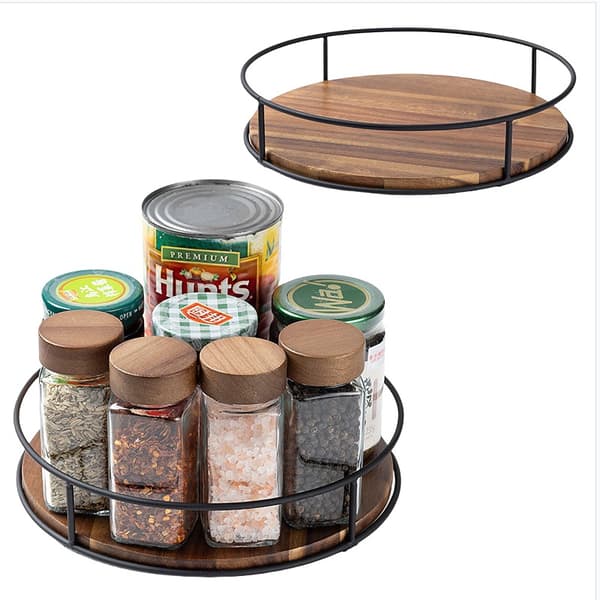 Solid Wood Rotating Storage Tray - Acacia Wood & Iron Organizer with 360° Swivel Function for Kitchen, Bathroom, and Office