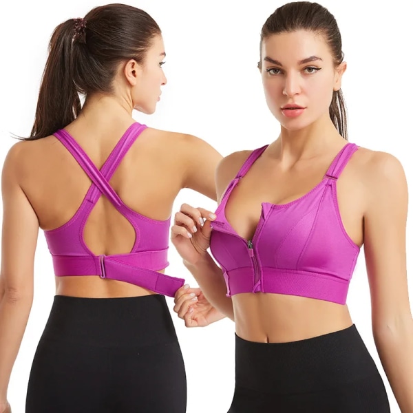 Sport-BH för kvinnor samlad utan stålring Justerbart bälte Fram Dragkedja Yoga Löparväst Stötsäkra underkläder Plus Size L Purple