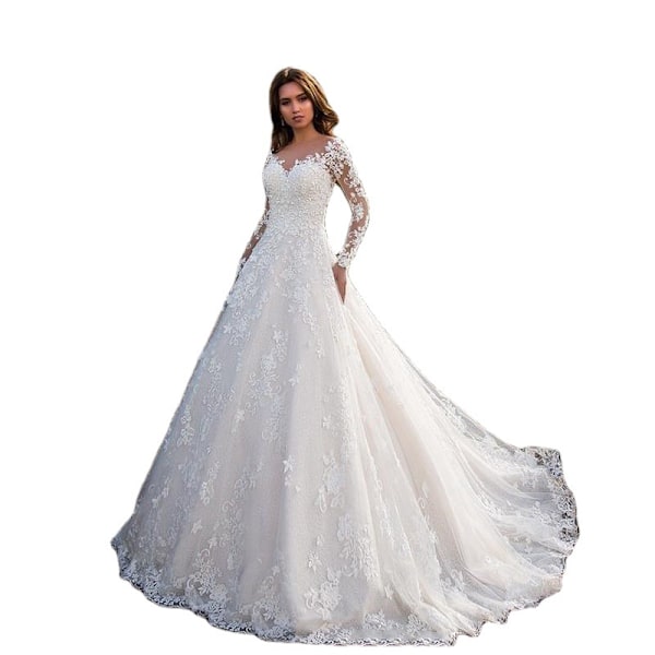 Dam Långärmad Off Shoulder Vit Bröllopsklänning Brudklänning för Bröllop Brudtärneklänningar Superb White White White XXXL