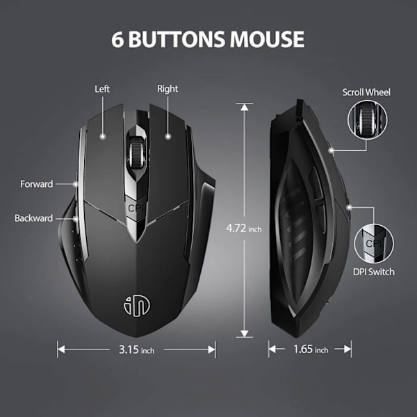 SDLOGAL Langaton Hiiri, 2,4G Ladattava Langaton Ergonomisesti Suunniteltu Optinen Hiljainen Hiiri USB Nano-vastaanottimella, 6 Painiketta, Musta
