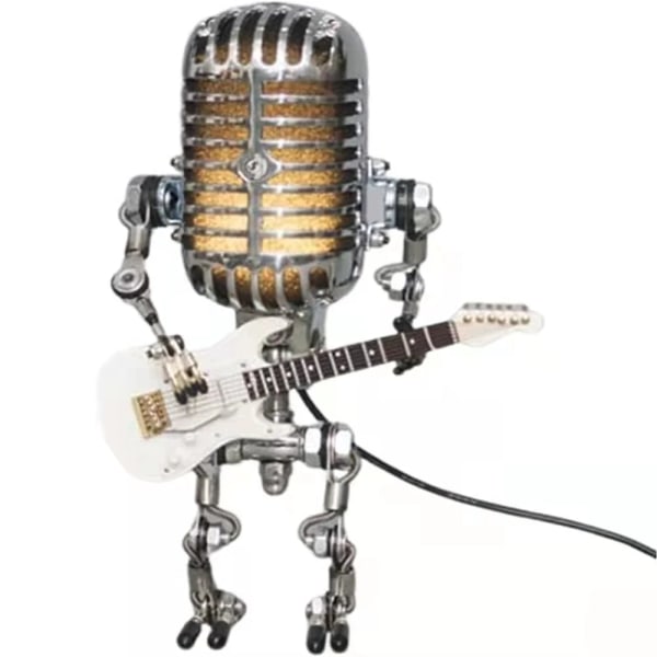 Vintage Mikrofon Robot Lampa Spela Gitarr Skrivbord LED Lampa Vintage Miniatyrer Hantverk Belysning Kontor Heminredning White
