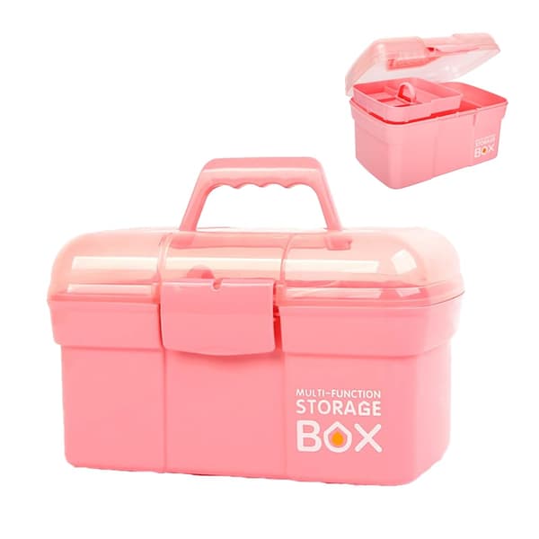 Storage Box with Removable Tray and Lid, Multifunctional Container Small Plastic Art Storage Box with Compartments, Craft Box (Pink)