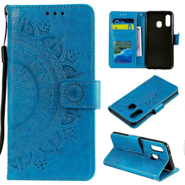 Embossed Mandala Flower Stand Wallet Leather Case for Samsung Galaxy A40 Blue