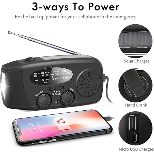 Vevradio med Solcelle & Lommelykt - 2000mAh Powerbank - Svart