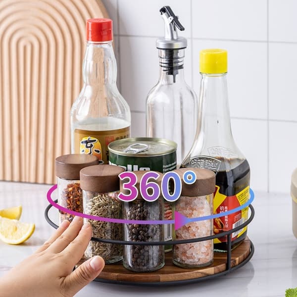Solid Wood Rotating Storage Tray - Acacia Wood & Iron Organizer with 360° Swivel Function for Kitchen, Bathroom, and Office