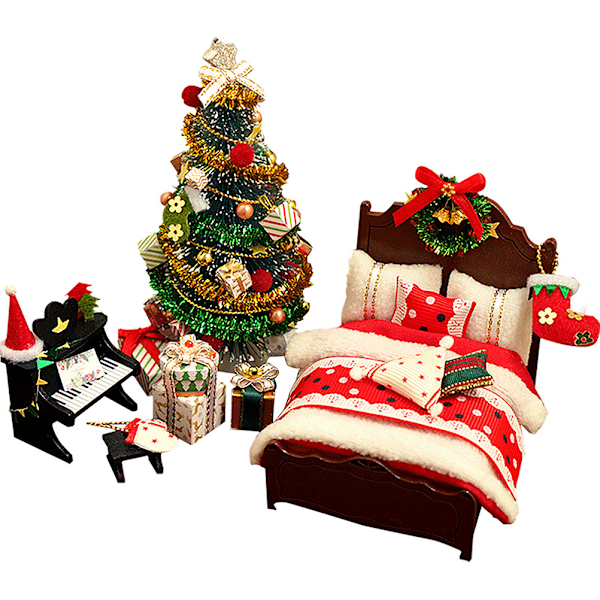 DIY Jul Miniatyrdockhus Kit Realistisk 3D Hus Rom Hantverk med Seng Tepper Pute Piano Lamper Julkrans Juletre Julegave