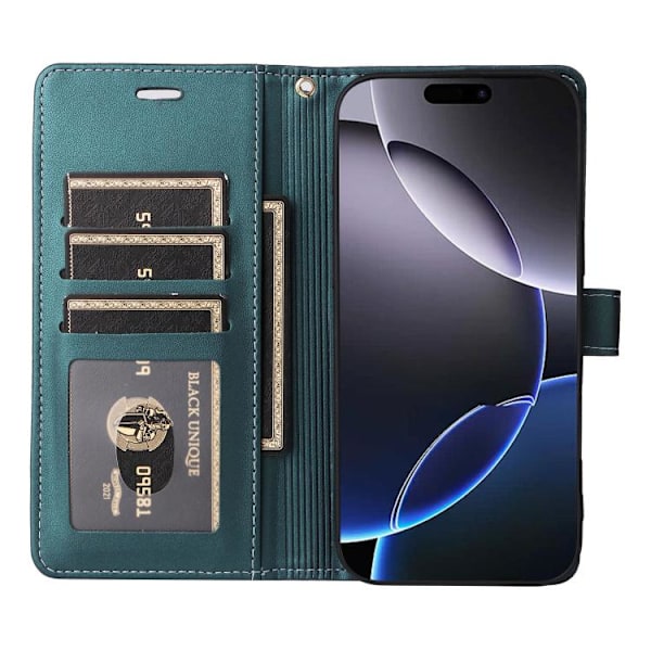 iPhone 17 Pro Max Leather Case with Six Card Slots and Strap Grön