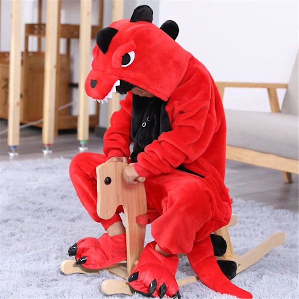 Unisex Flanell Onesie Pyjamas för Barn, Cosplay Djurdräkt Heldräkt Halloween Nattkläder Nattkläder för Pojkar Flickor Röd Dinosaurie
