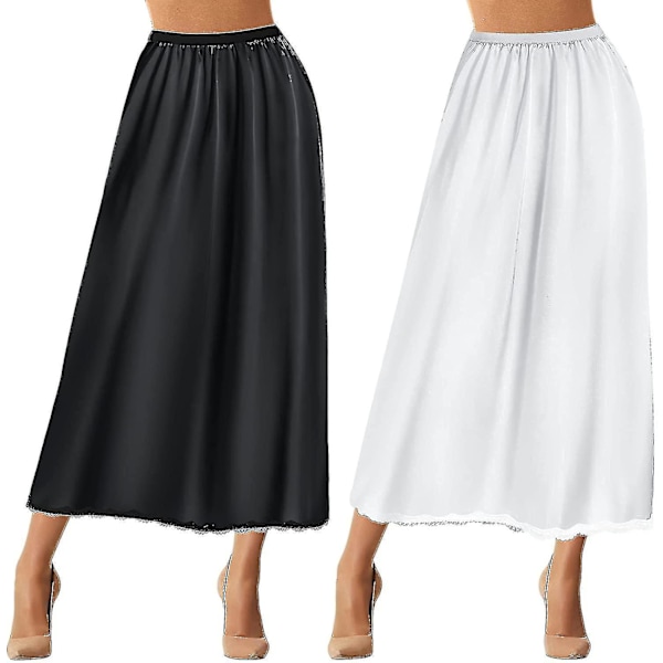 2 stk. Halv Slips Spids Lang Underkjole Dame Satin Halv Slips Halve Slips Under Kjoler Slips (FMY)