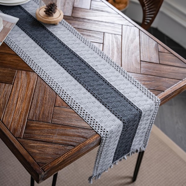 Makramé Bordløper Vevd Rustikk Bordløper Bomull Lin Boho Stil Bordløper med Frynser for Spisebord (Grå, 30x180cm)-FQ4-