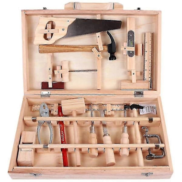 Toolbox for children, carpenter, maintenance, toolbox, real tools, disassembly and assembly, multifunctional wooden box, 16 pieces [BT]