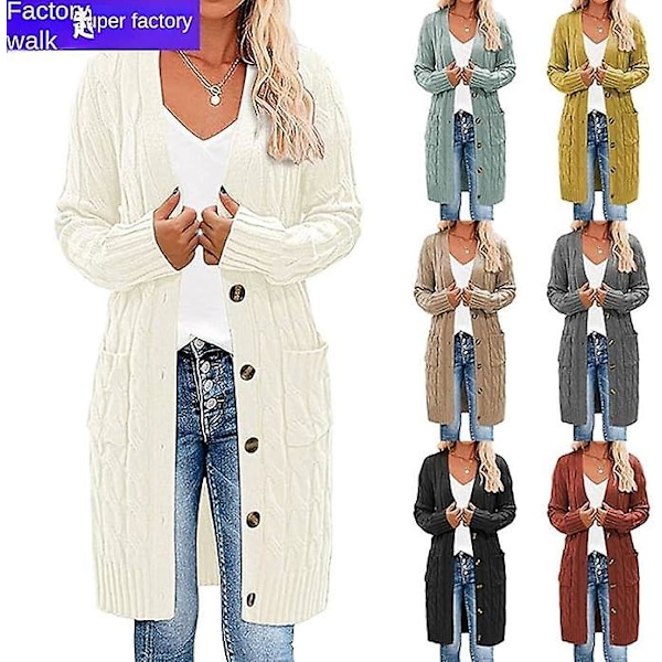 Dam Långärmad Kabelstrickad Lång Kjol Öppen Framtill Tröja med Knappar Ytterkläder Khaki Khaki 3XL