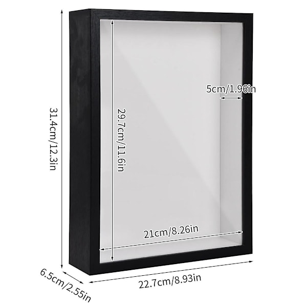 Skuggboksram A4, 5 cm dyp, for bord og vegg, 3D-bildeboks for håndverk Black