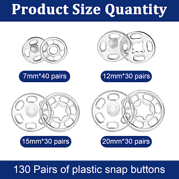 130 par plasttrykknapper, trykknapper knapper usynlige plast knapper, plast gjennomsiktige knapper for DIY håndverk søm klær, 7 MM, 11