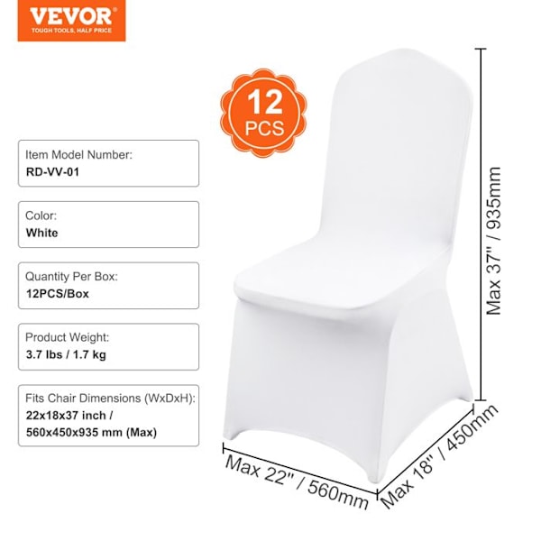 Stretch Spandex -joustavat tuolinpäälliset - VEVOR - 12 kpl - Universaalit suojapäälliset - Häät, loma - Valkoinen