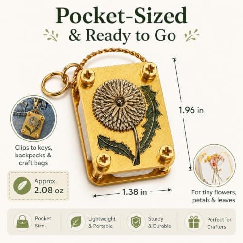 Mini Flower Press Keychain - Handmade Gold Metal Micro Press with 20 Sheets