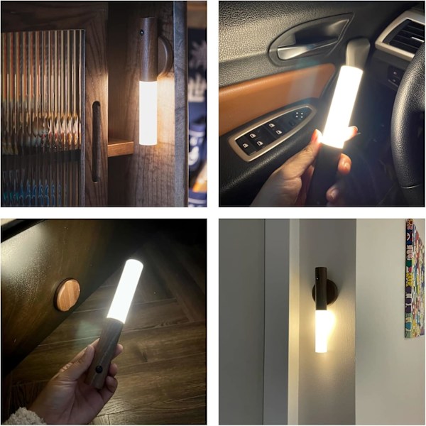Trådlös LED-vägglampa i trä med batteri, vägglampa inomhus med rörelsesensor, batteridriven, USB-laddningsbar, magnetisk, varmvit [Energiklass E]