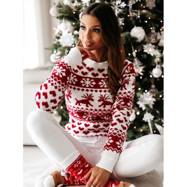 Kvinnor jul stickning tröja jultomten utskrift tröja White XL