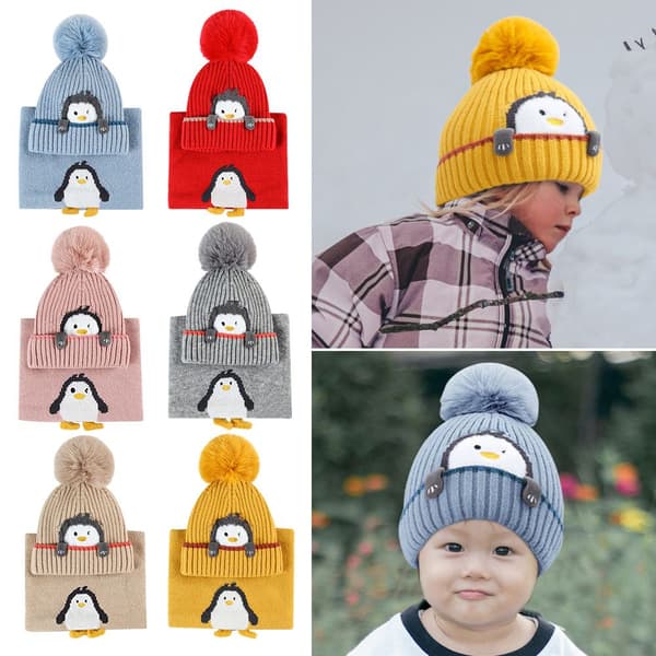 Barn stickad mössa Scarf Set Tjocka varma mössor RÖD red