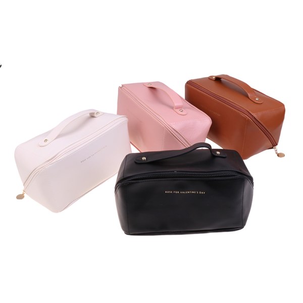 Stor kapacitet Bärbar PU Girl Makeup Bag Dam Kosmetikväska White