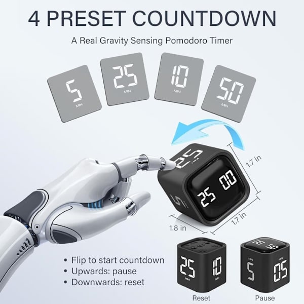 Pomodoro Timer 25/5/10 Min Desktop Timer Vibration Volume Adjustable Productivity Clock Black