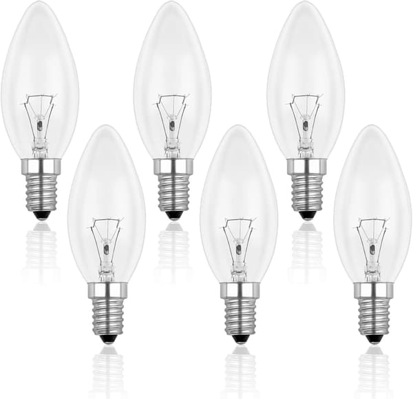 E14 40W Clear Light Bulb, Dimmable Incandescent Bulb, Warm White 2700K, 400LM, Flame Light Bulb, E14 Edison Screw Light Bulbs, 6-Pack
