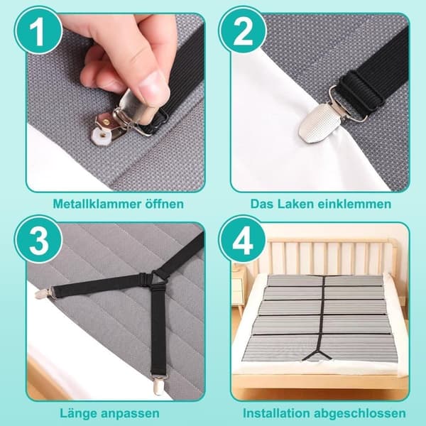 Adjustable Sheet Holders - Elastic Straps with Metal Clips to Secure Sheets, Mattress Protectors or Sofa Covers White